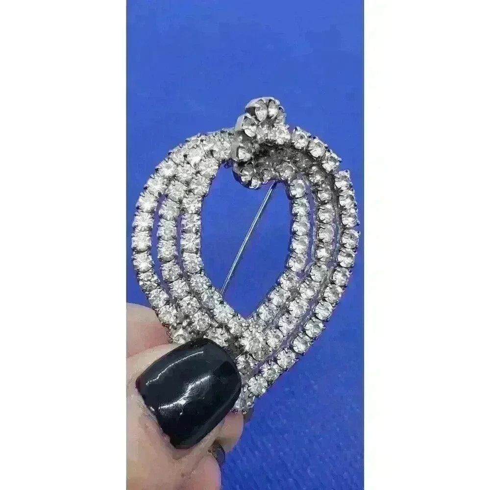 Vintage Brooch Clear Rhinestone Leaf Bow Wedding Party